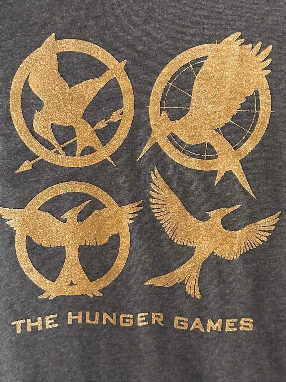 GAP Kids Hunger Games Girls long sleeve Tee Gray Gold SMALL 6-7 Cotton Shirt NWT